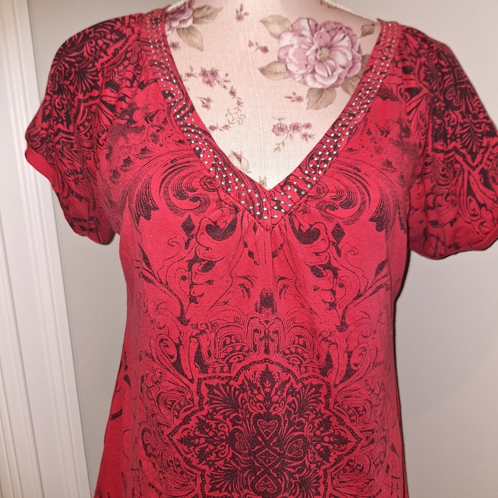 Chic Red V-Neck Rhinestone Y2K Blouse Large - Picture 2 of 7